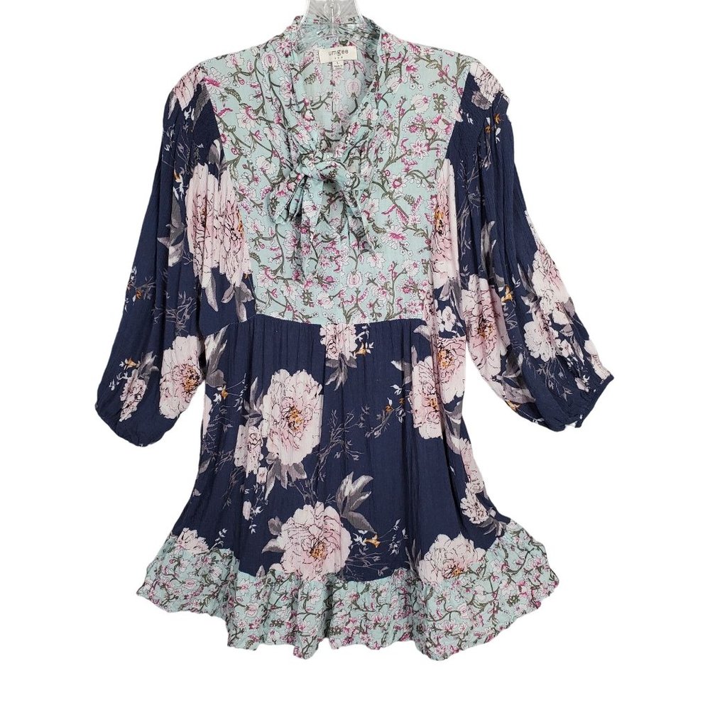 Umgee Size L Dress Blue CottageCore Floral Crinkle V-neck Ribbon Tie Puff Sleeve - Picture 2 of 9